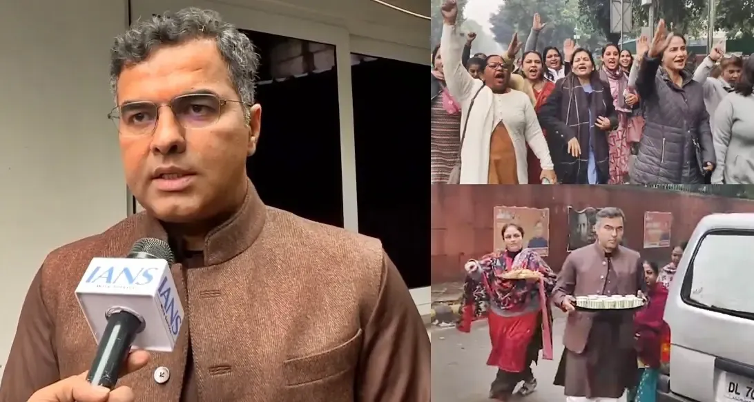 AAP workers protest outside BJP leader Parvesh Verma's residence; latter distributes snacks  