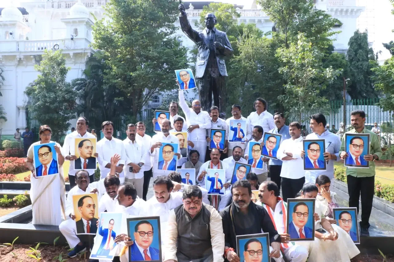 Telangana Congress Leaders Protest at Ambedkar Statue in Assembly
