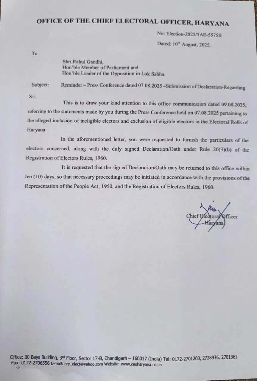 What Notice Did the Haryana Chief Electoral Officer Issue to Rahul Gandhi Regarding Voter List Allegations?