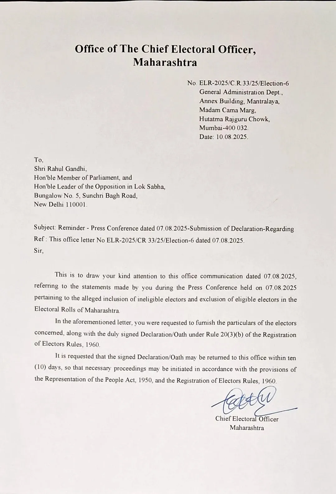 Has Maharashtra CEO Reminded Rahul Gandhi to Submit Voter List Allegations Declaration?