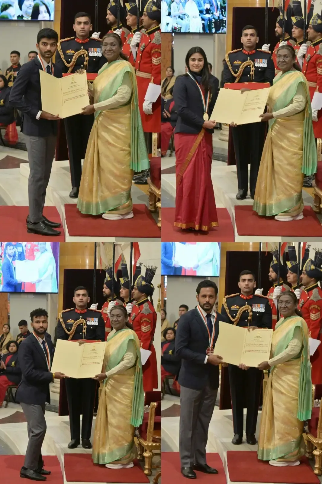 Gukesh, Manu, Harmanpreet, Praveen Honoured with Khel Ratna by President Murmu at Rashtrapati Bhavan