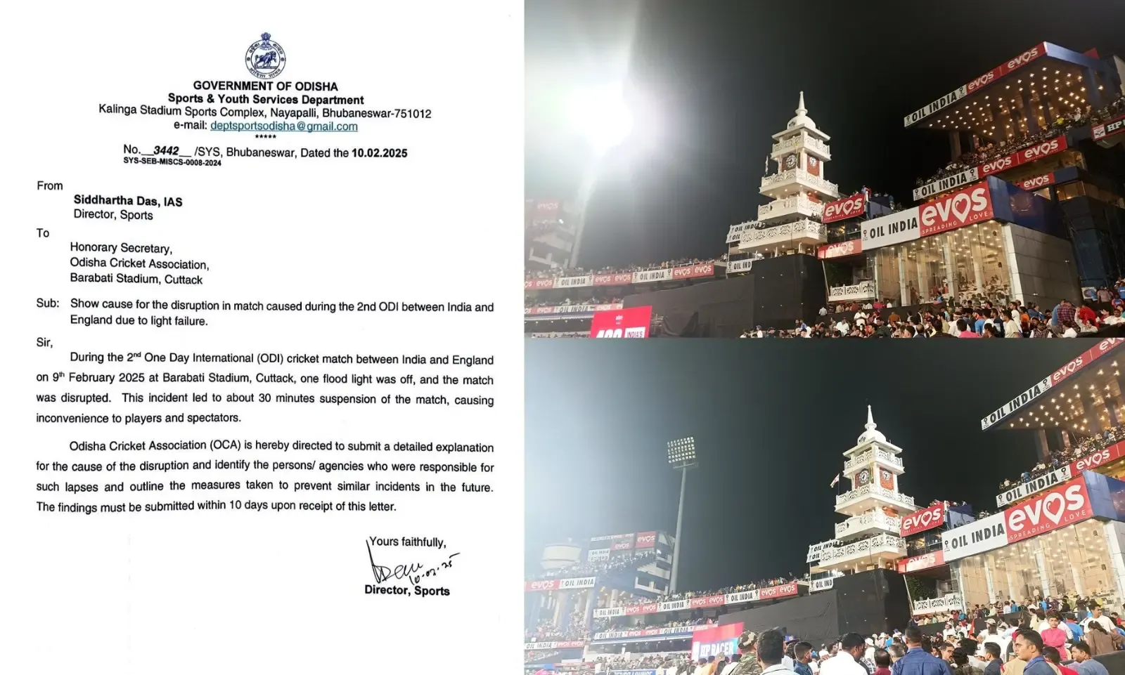 Show-Cause Notice Issued to Odisha Cricket Association for Floodlight Issues During Ind vs Eng ODI at Barabati