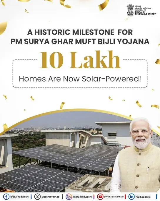 PM Surya Ghar Yojana Achieves 10 Lakh Solar Installations in India: Government