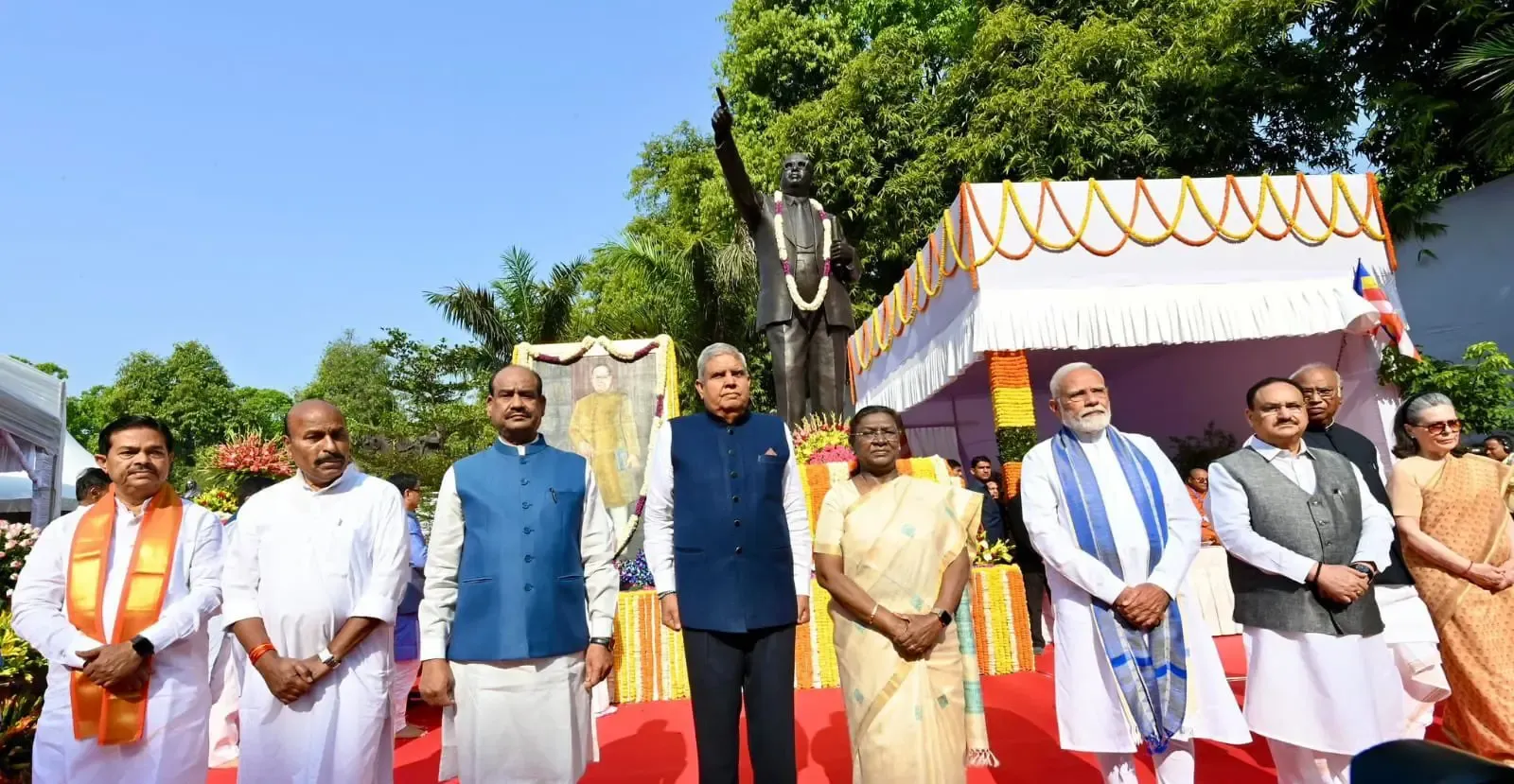 Dignitaries Honor Ambedkar with Floral Tributes at Parliament House Complex