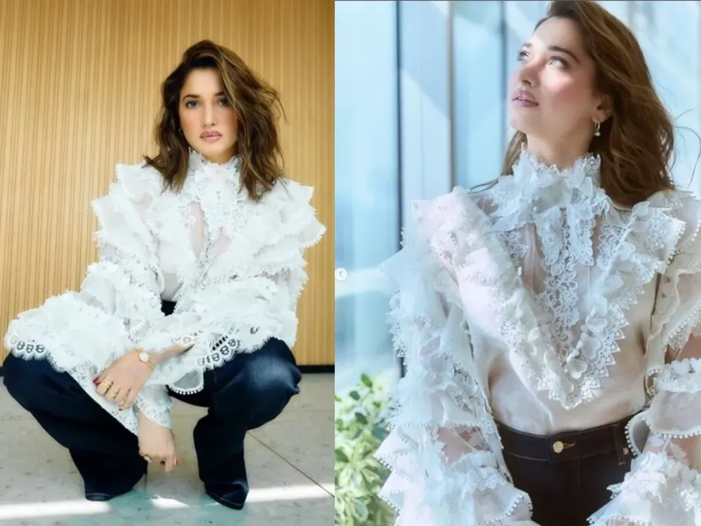Tamannaah Bhatia Exudes Elegance in Classic White and Blue Ensemble