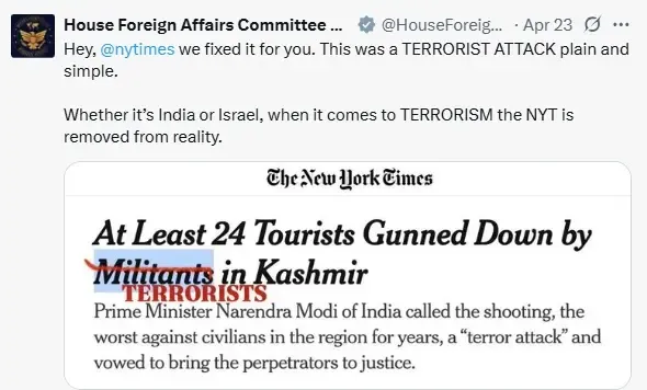 US House Committee Critiques NYT's Pahalgam Coverage as a Terror Attack